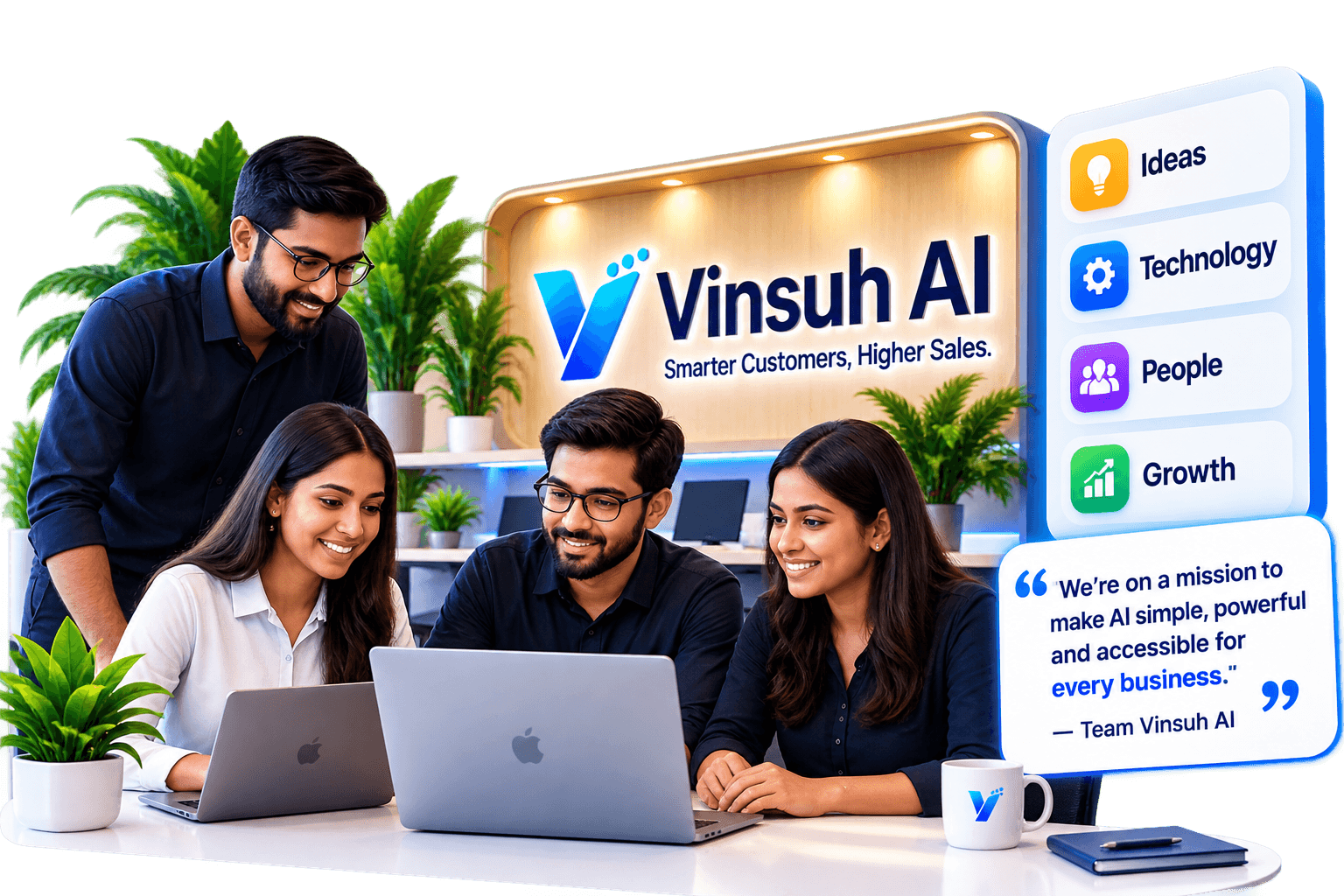 Vinsuh AI team collaborating in an office. Ideas, Technology, People, Growth. Our mission is to make AI simple, powerful and accessible for every business.