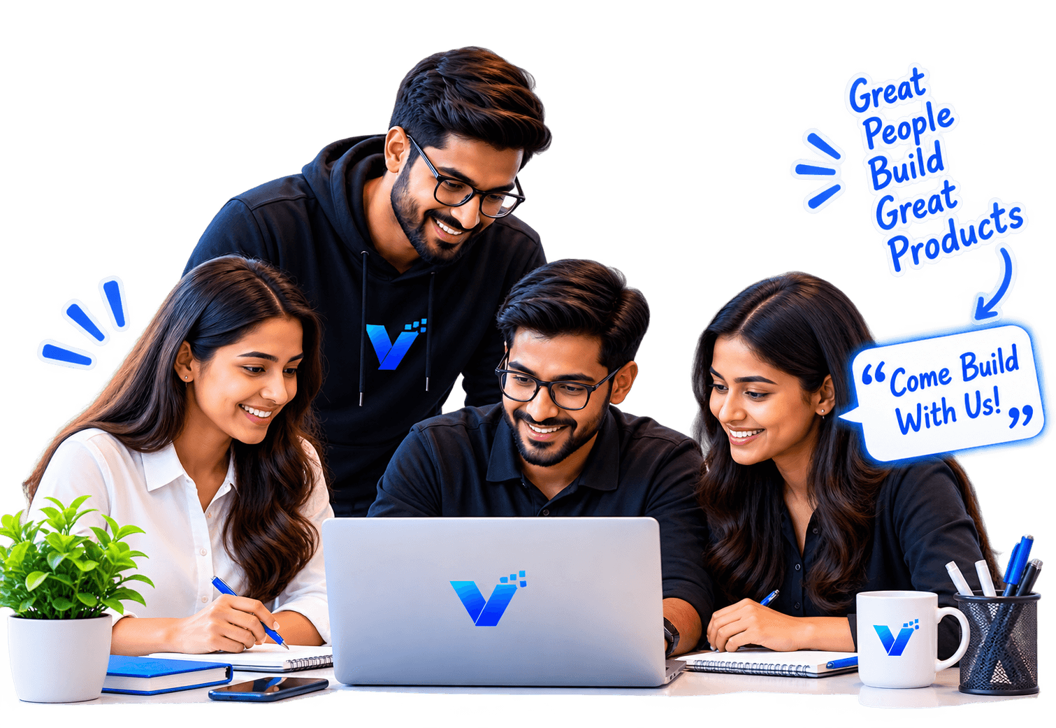 Vinsuh AI team collaborating around a laptop. Great people build great products. Come build with us!