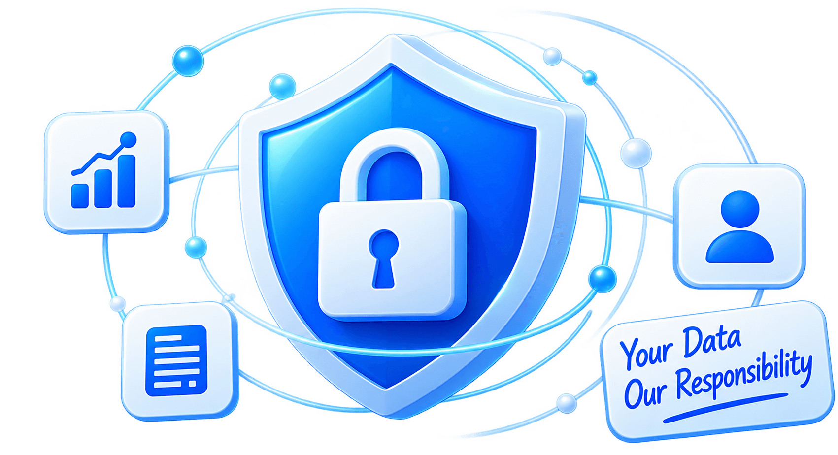 A blue shield and padlock protecting customer data. Your Data, Our Responsibility.