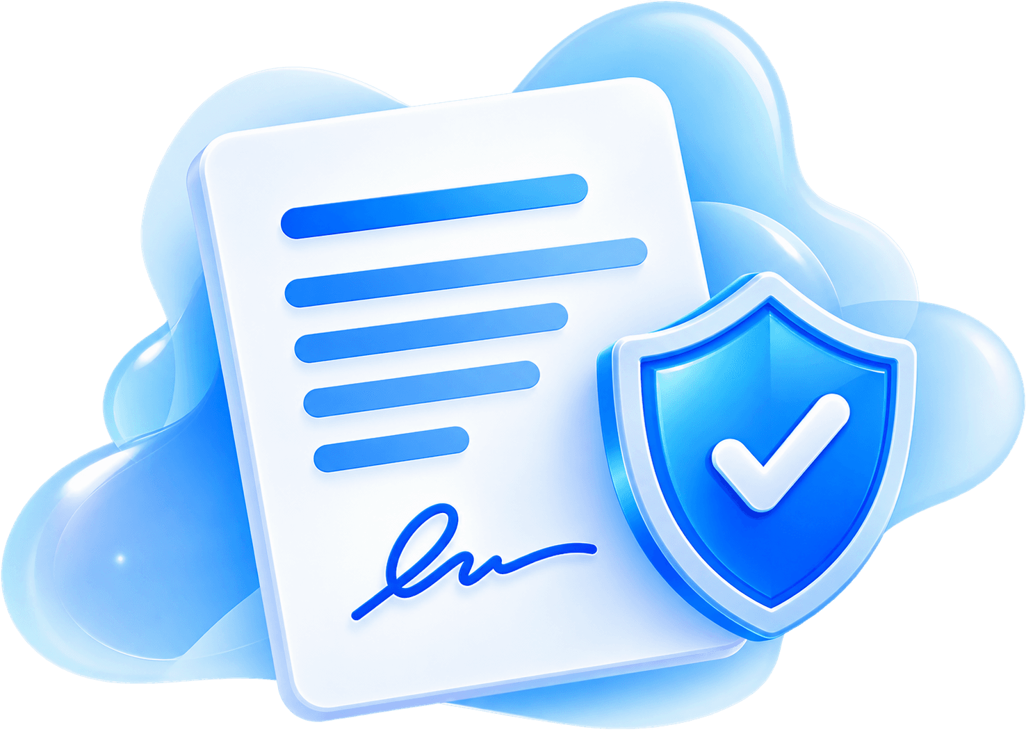A signed document with a blue shield and checkmark representing terms and conditions.