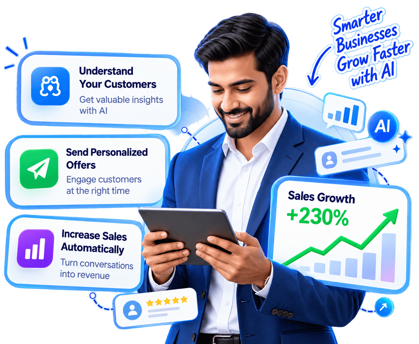 Business owner using a tablet with Vinsuh AI customer insights, personalized offers and sales growth tools.
