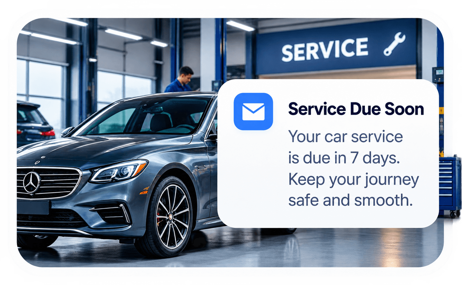 Example email reminder that a customer's car service is due in seven days.