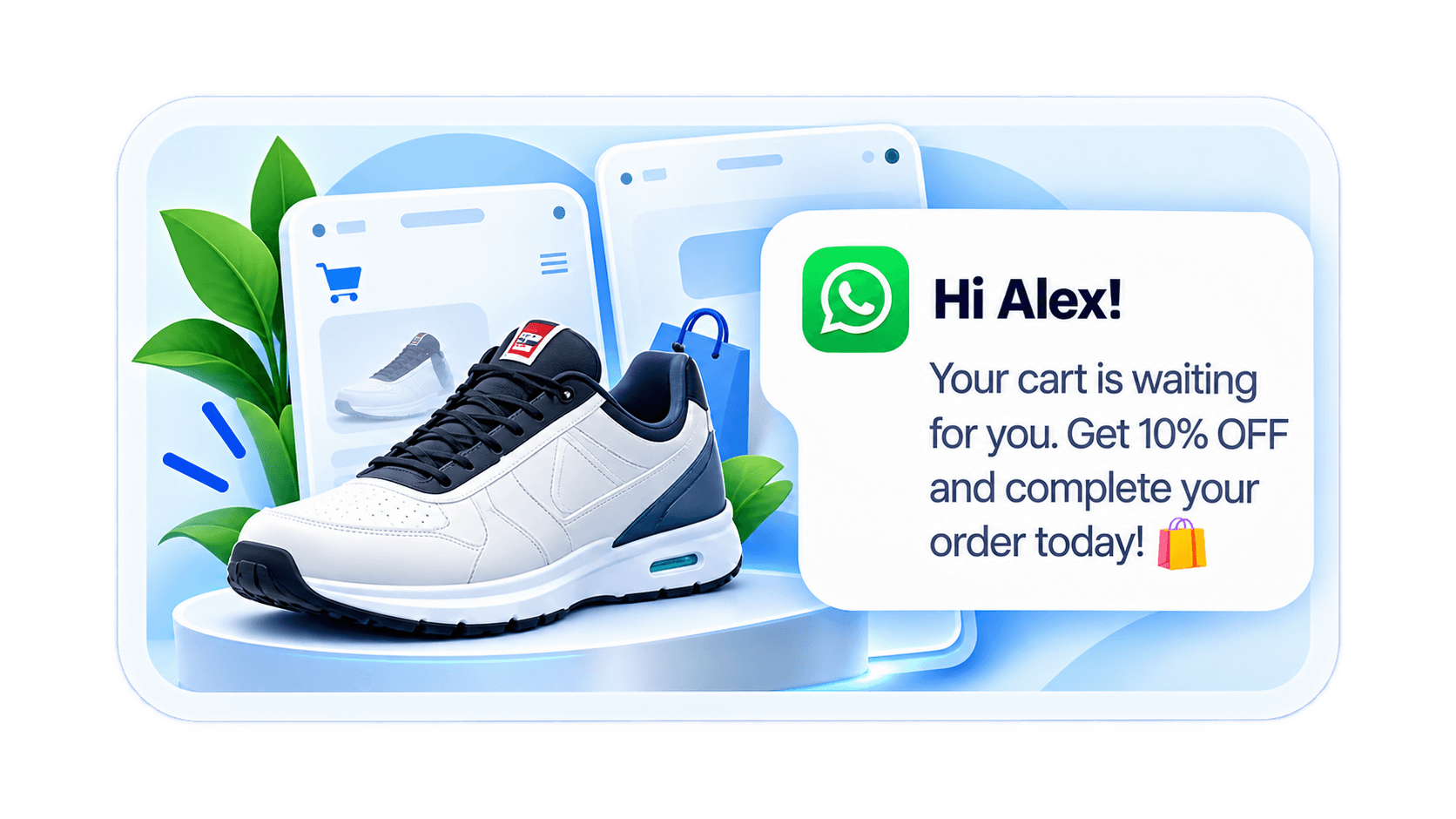 Example cart recovery message: Alex is reminded about an unfinished order with a 10% discount.