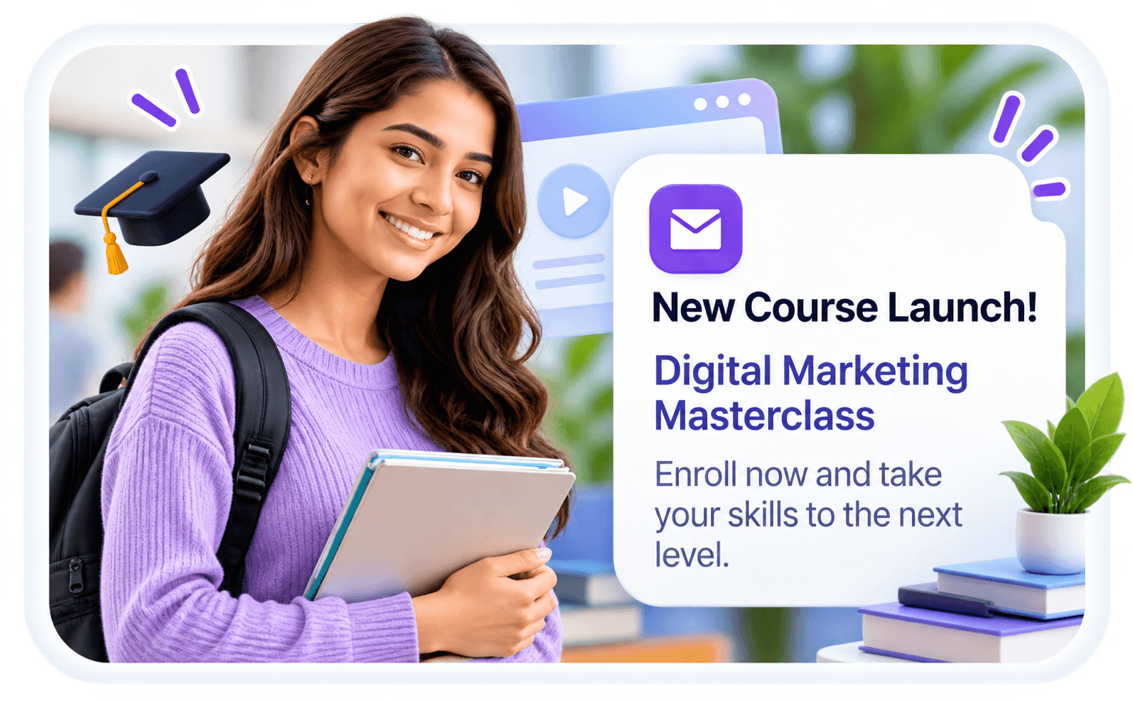 Example email announcing enrollment for a new digital marketing masterclass.
