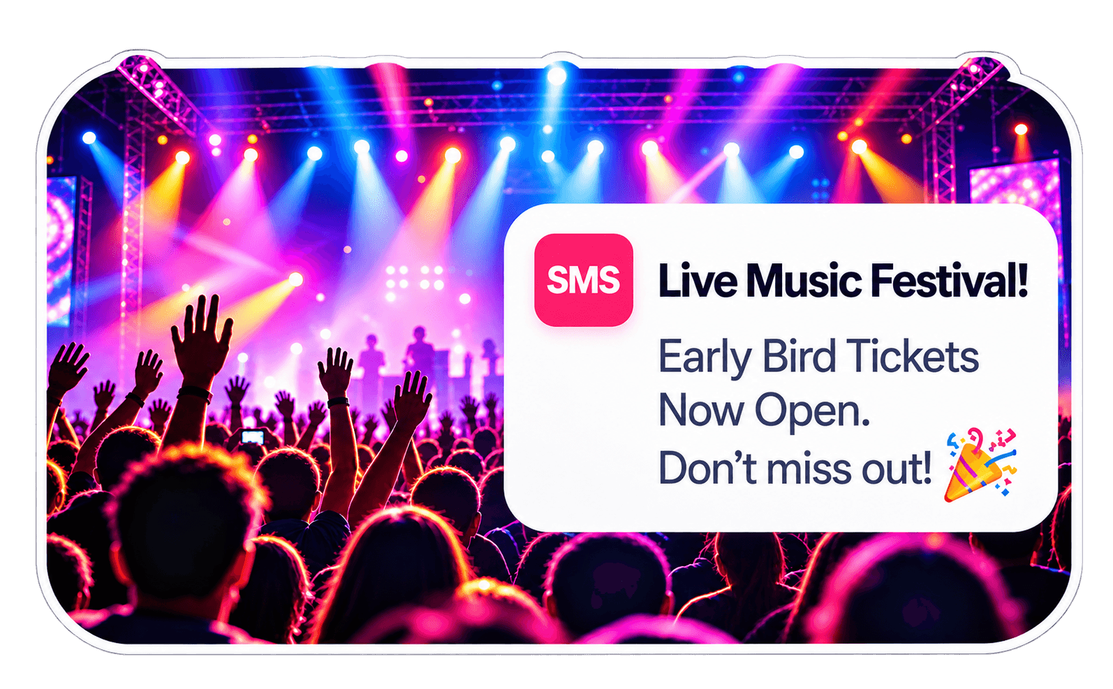Example SMS announcing early-bird tickets for a live music festival.