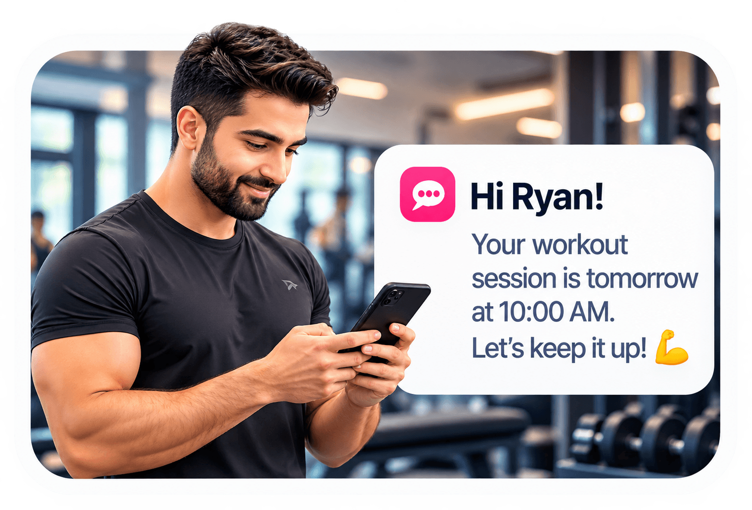 Example SMS reminding Ryan about a workout session tomorrow at 10 AM.