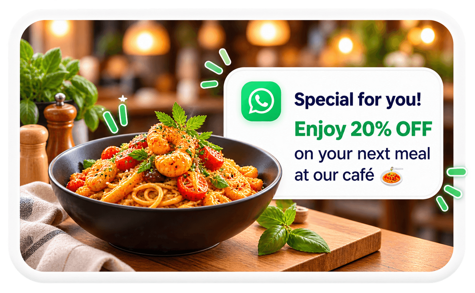 Example café promotion offering 20% off the customer's next meal.