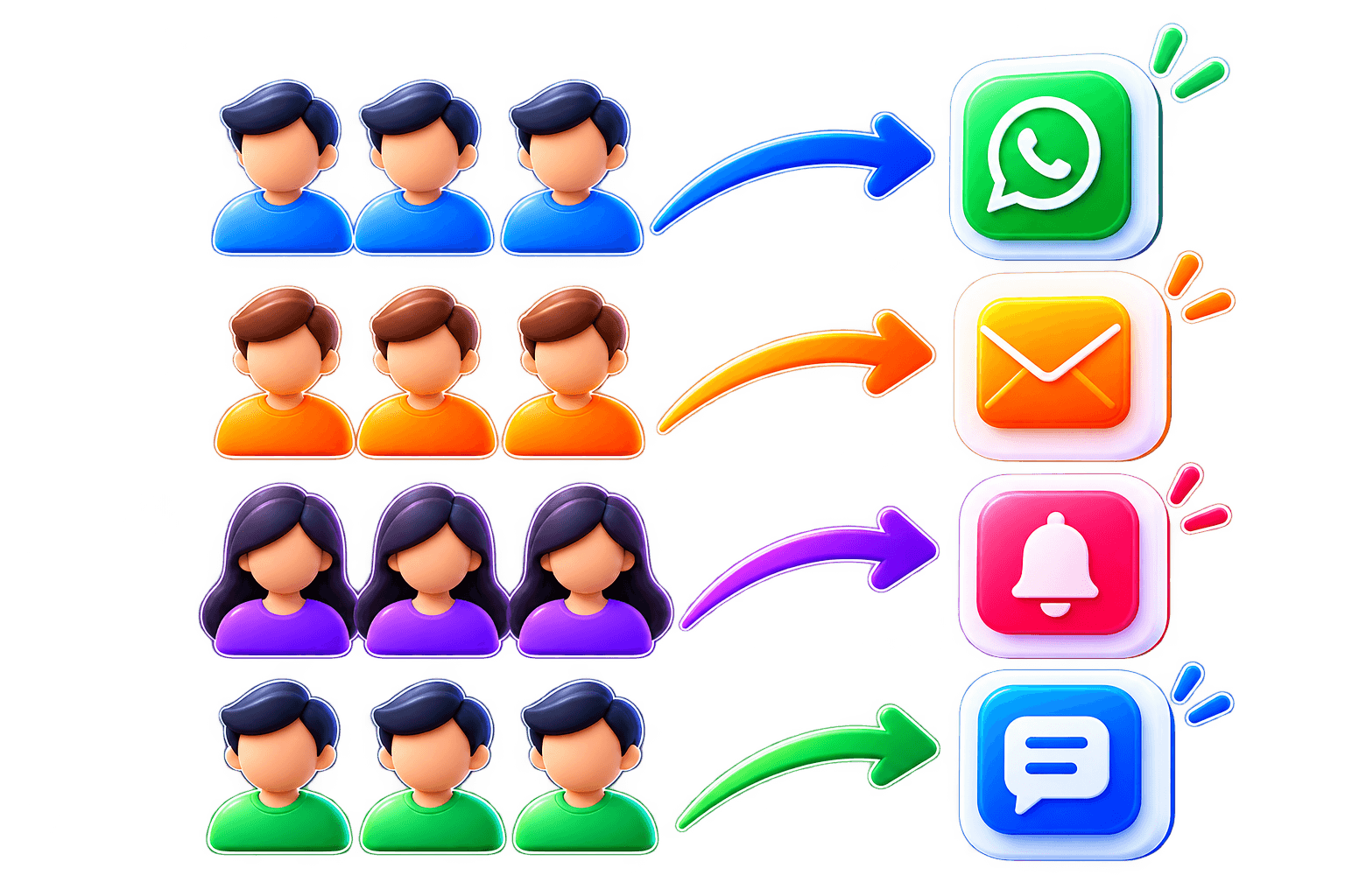 Customer segments are matched to relevant messages across different communication channels.