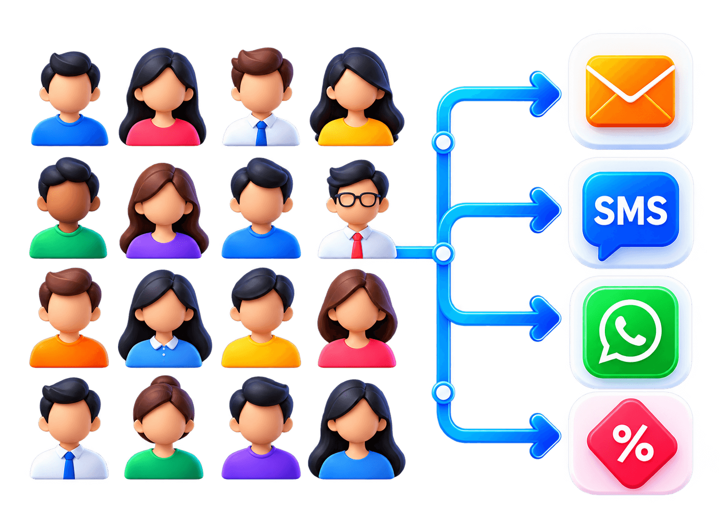 The same campaign is sent to an undifferentiated audience through multiple messaging channels.