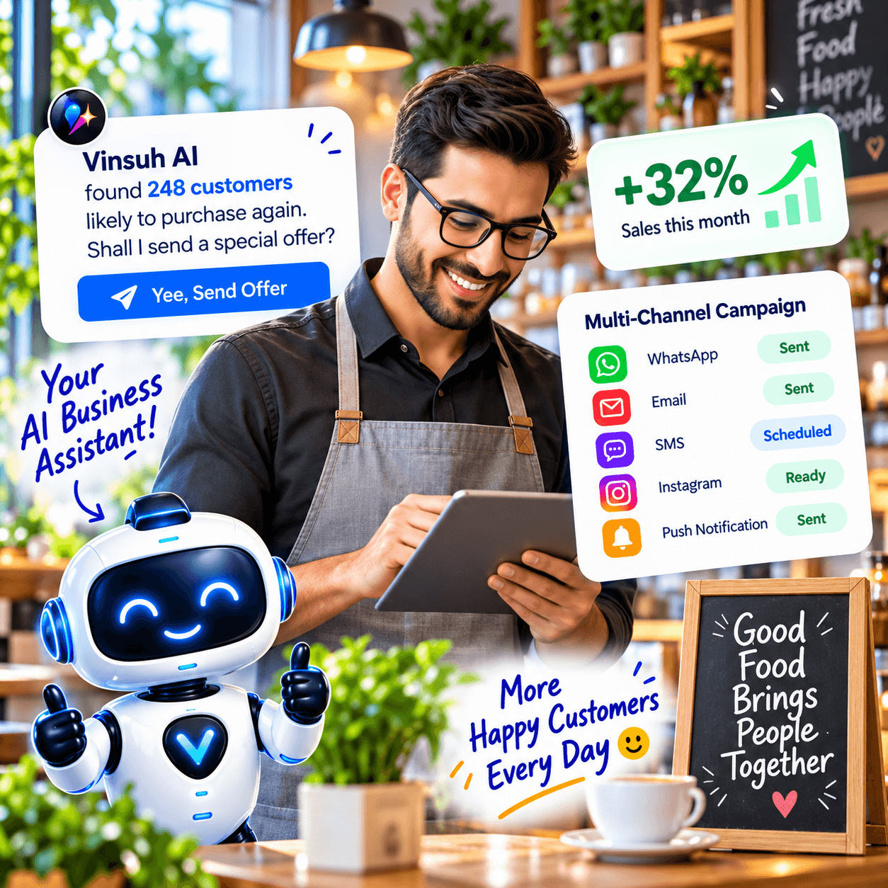 Business owner using Vinsuh AI with a robot assistant, customer insights, revenue growth and multi-channel campaign examples