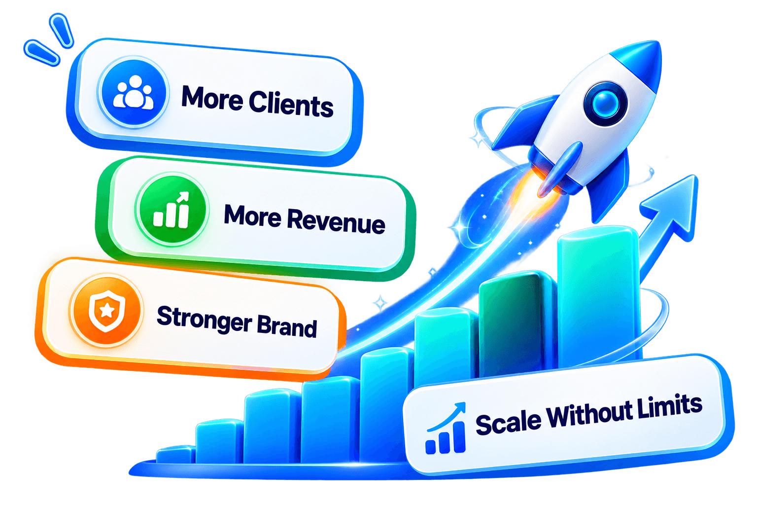 A rocket rising above a growth chart: more clients, more revenue, a stronger brand, and scale without limits.