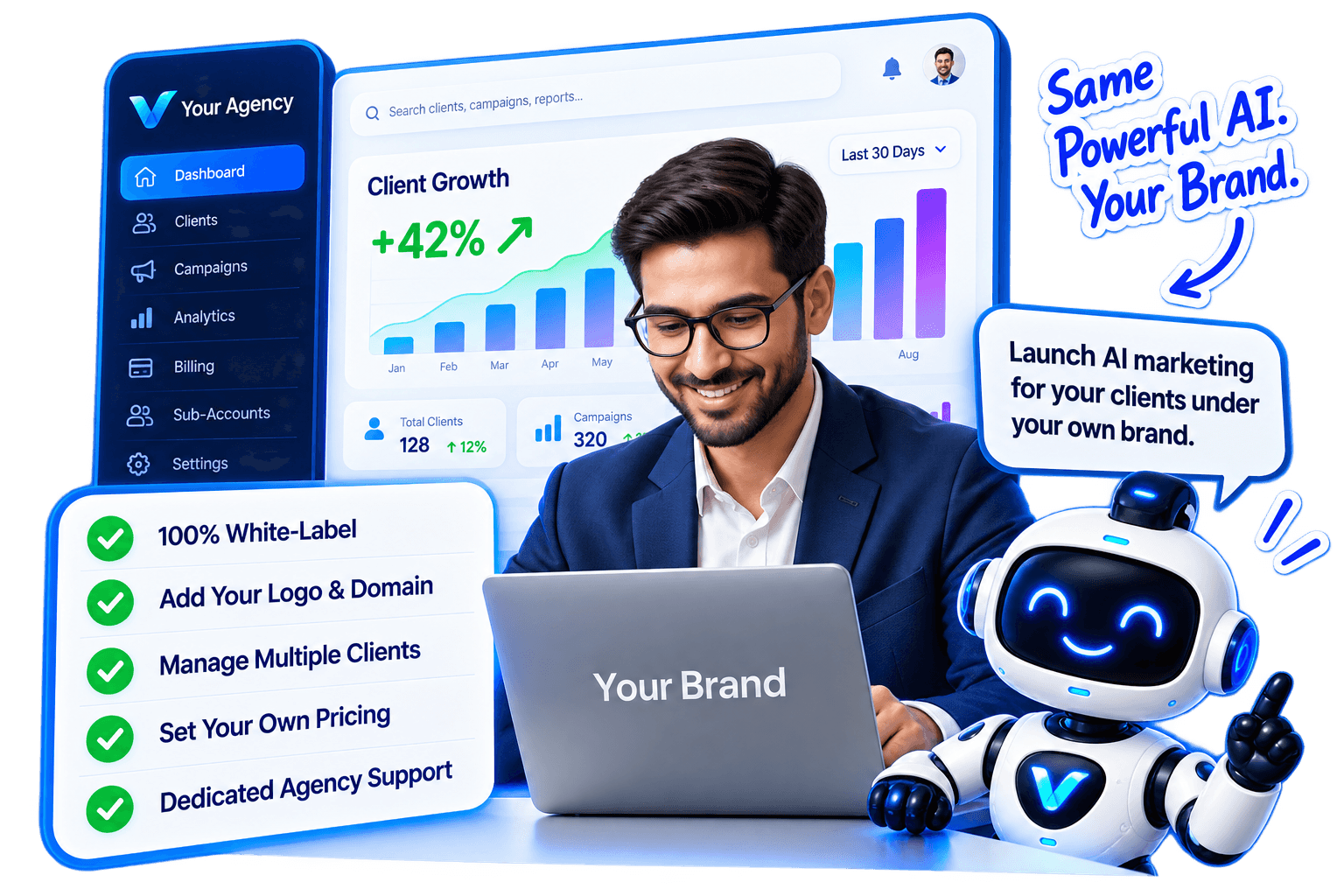 Agency owner with a branded dashboard, laptop and Vinsuh AI robot. Same powerful AI, your brand. White-label features include your logo and domain, multiple clients, your own pricing and dedicated agency support.