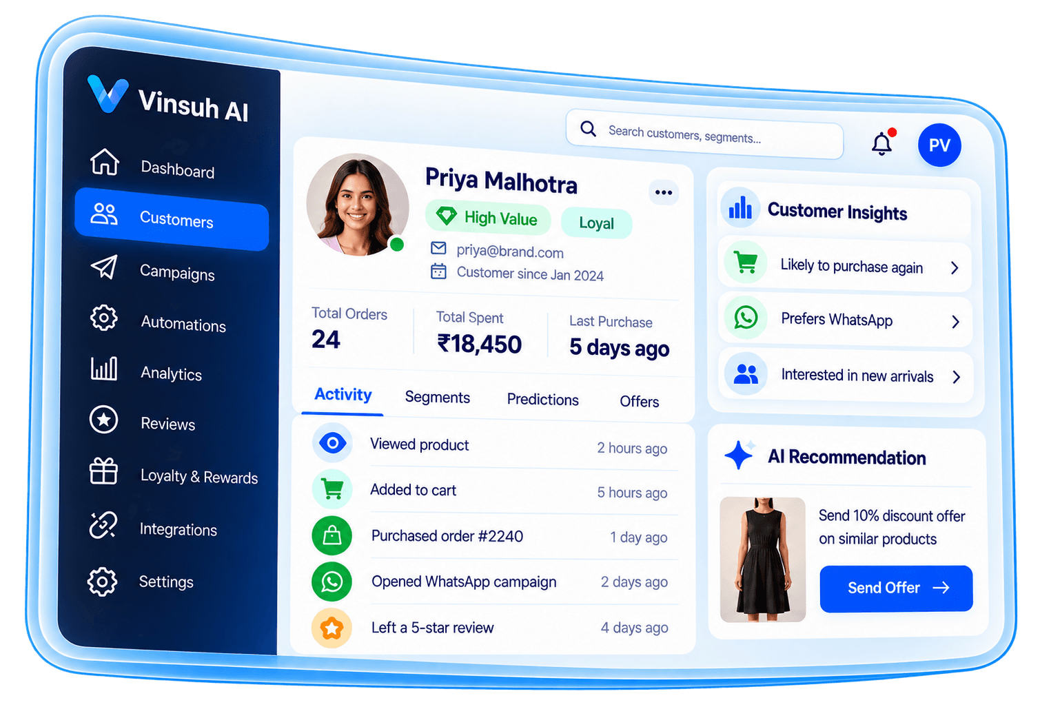 Vinsuh AI customer intelligence dashboard showing a customer profile, purchase activity, customer insights and a personalized recommendation